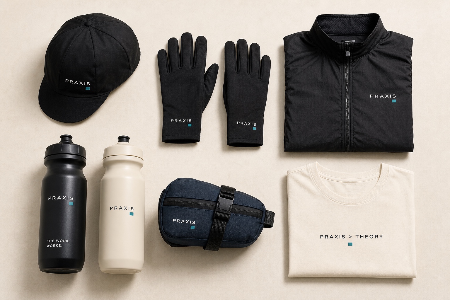 Praxis cap, bottles, gloves, saddle bag, gilet, and T-shirt