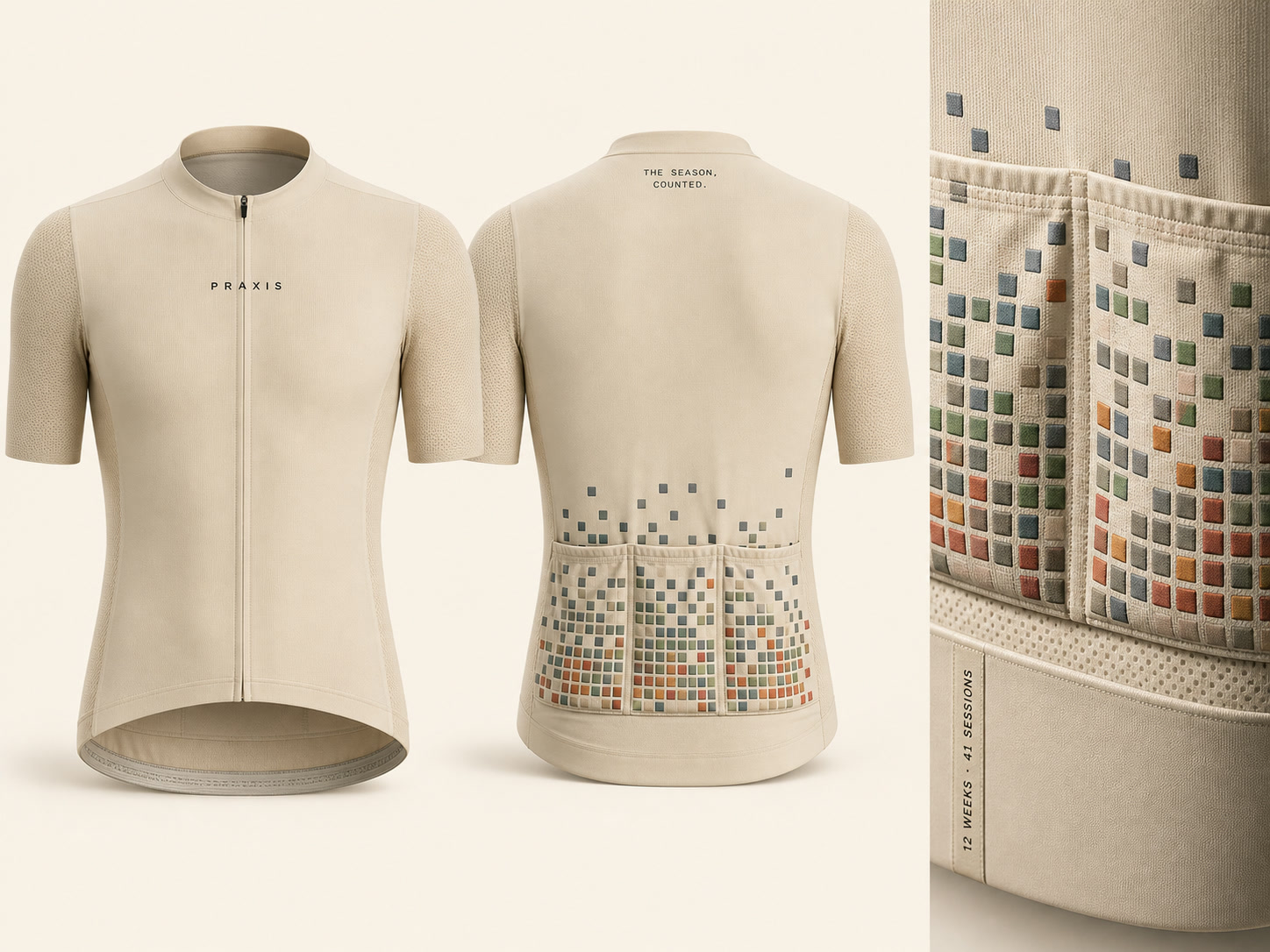Warm stone jersey with glass pixels gathering at the rear pocket