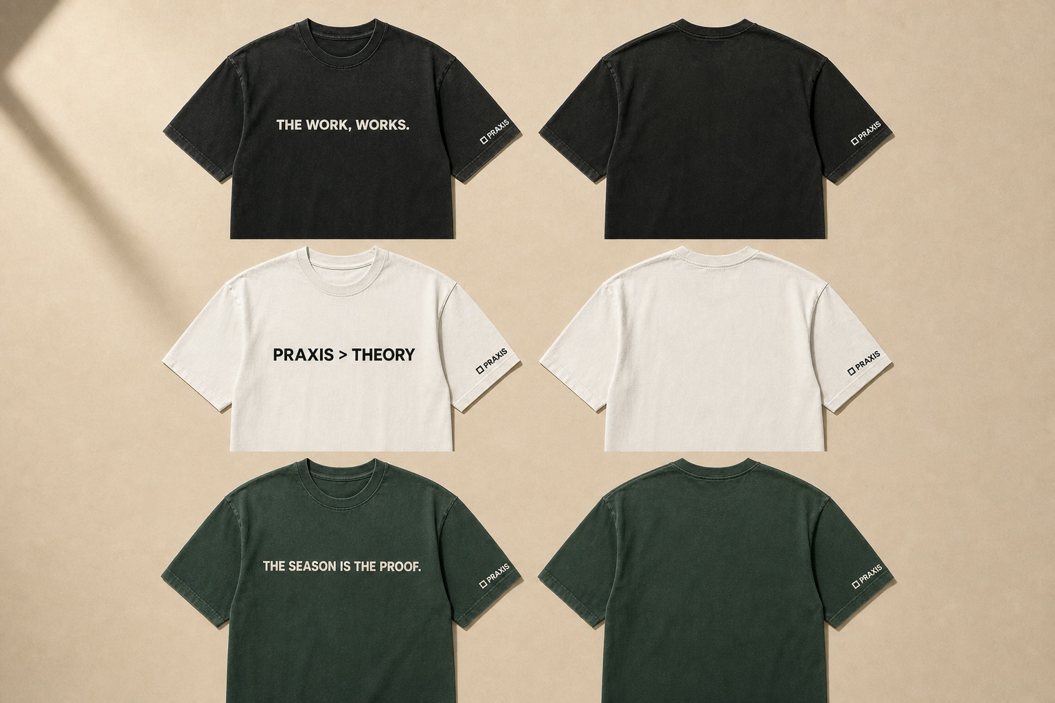 Black, cream, and green Praxis graphic T-shirts