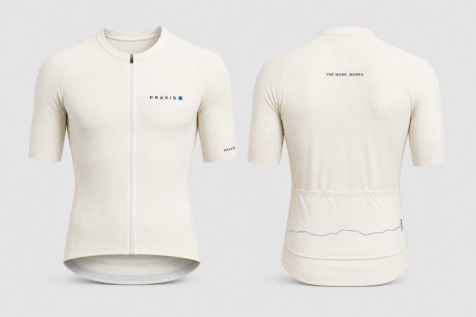 Warm ivory Work, Works cycling jersey shown from the front and back